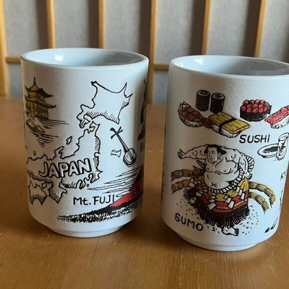 Set Of 2 Japan Themed Yunomi Tea Cups Mino Ware Sushi - Picture 1 of 7